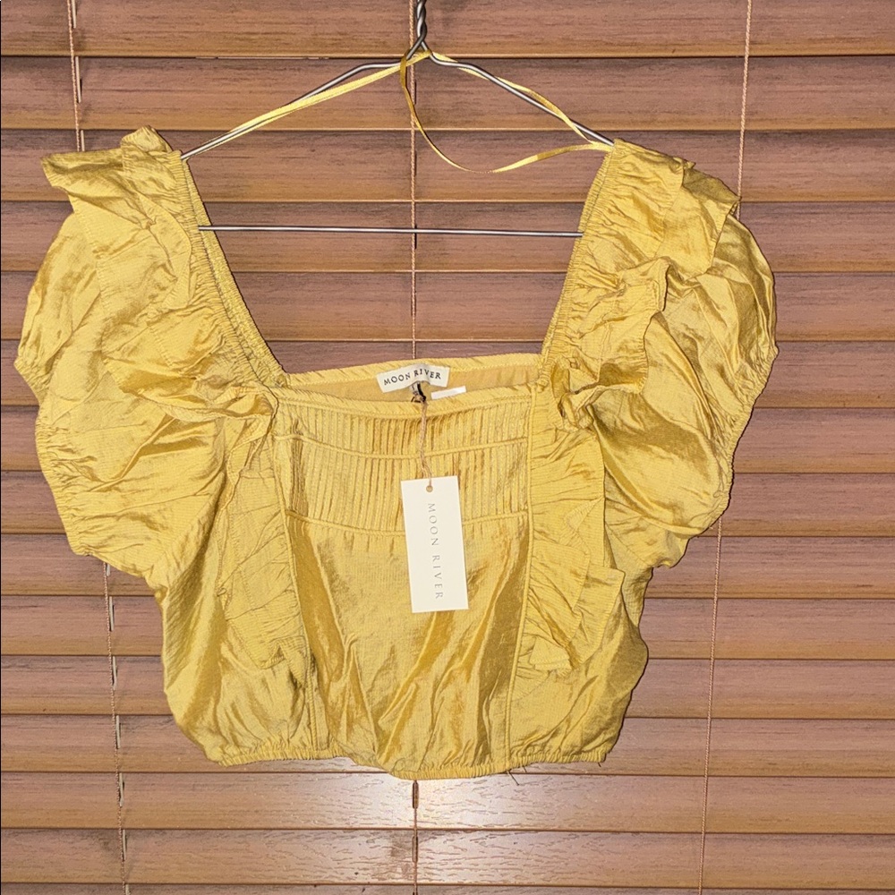 Moon River Mustard Puff-Sleeve Crop Top